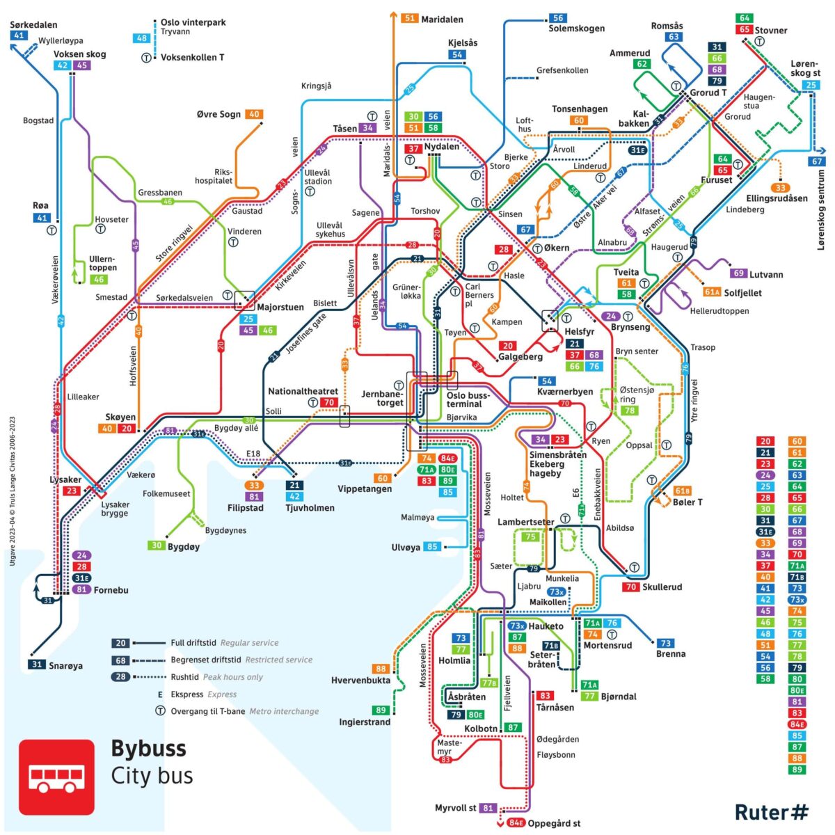 Netzplan der Buslinien in Oslos Innenstadt