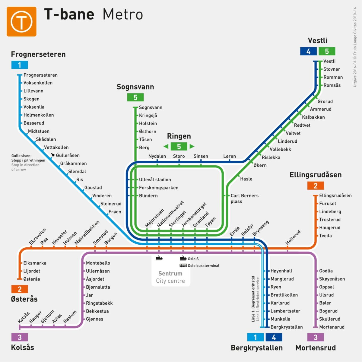Netzplan der Metrolinien in Oslos Innenstadt